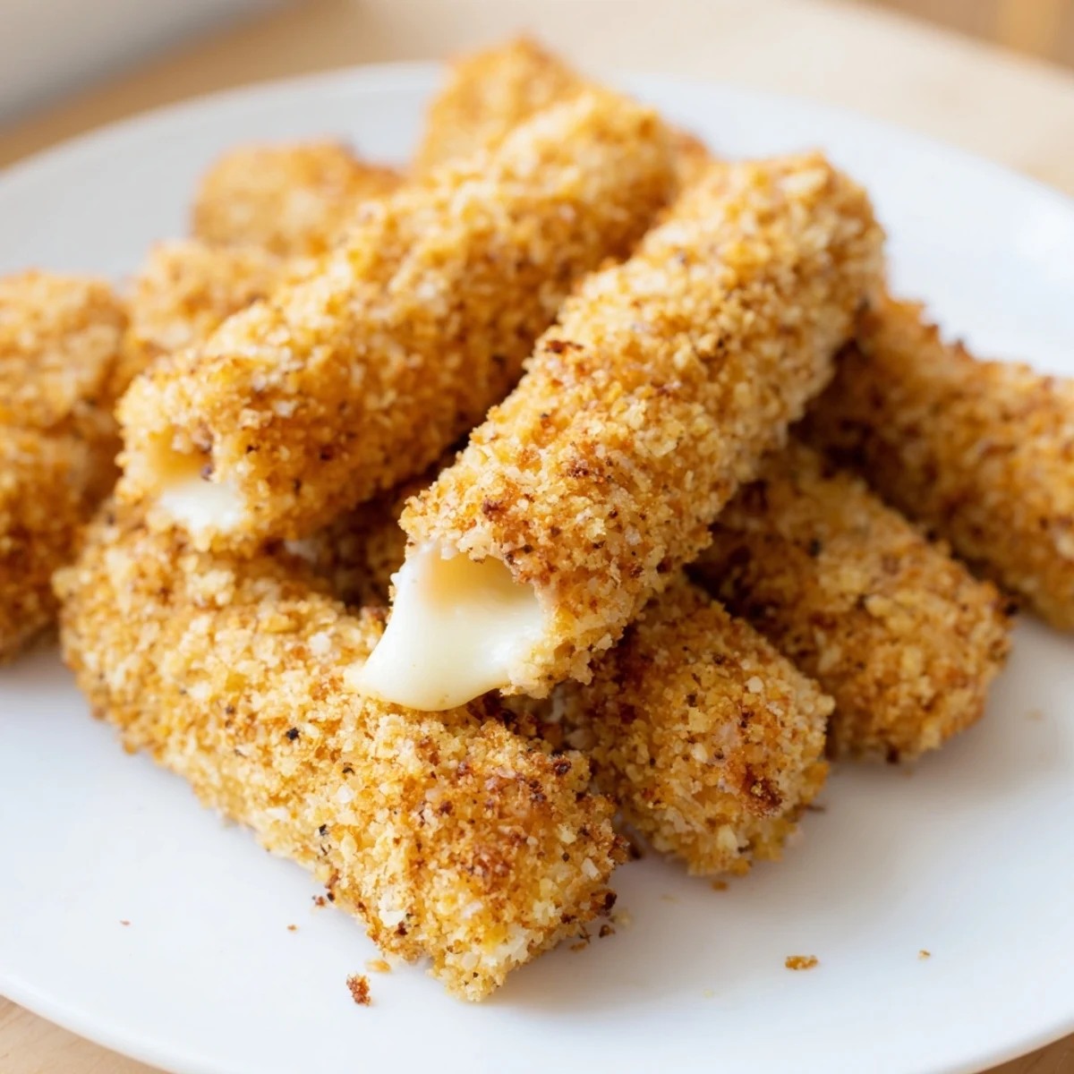 Golden, crispy Air Fryer Mozzarella Sticks, with melted cheese, ready to dip in marinara sauce.