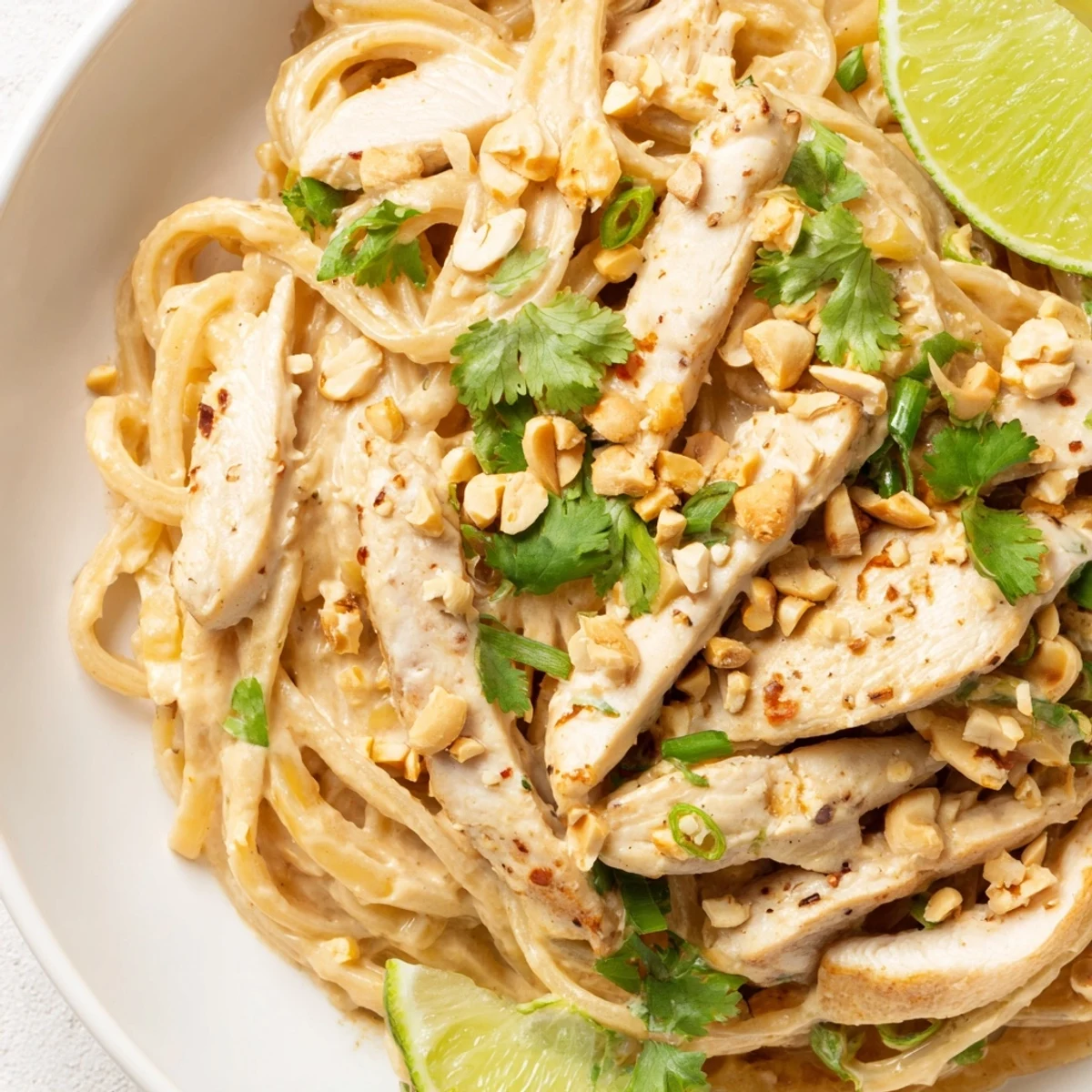 Tender chicken and pasta are coated in a rich Thai peanut sauce in this vibrant pasta recipe.