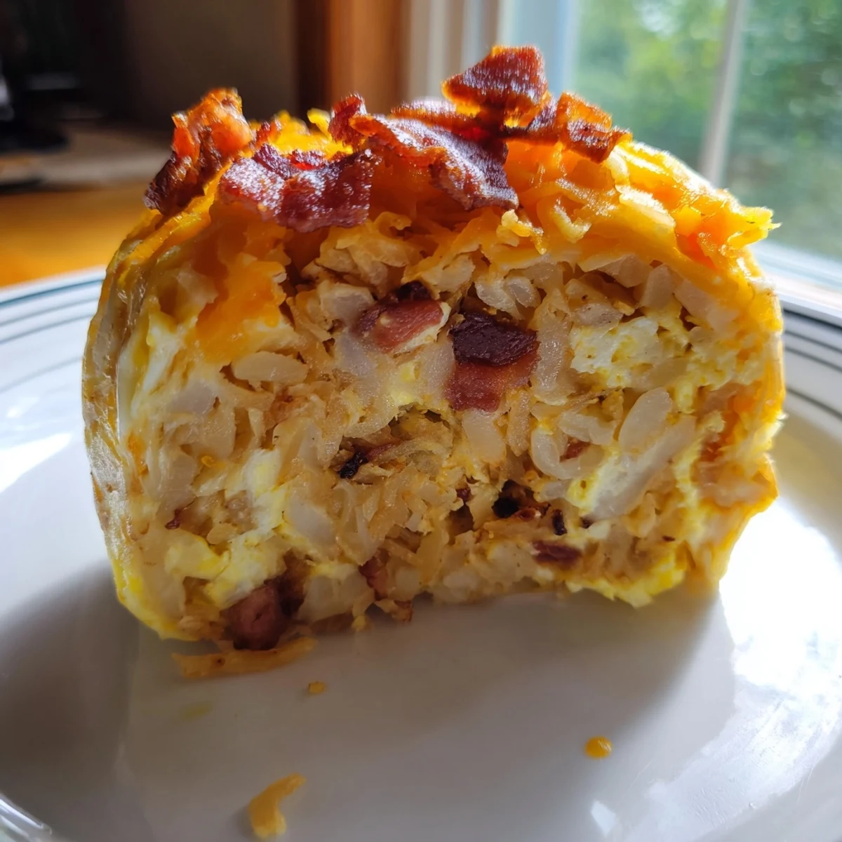 View a close-up of delicious B.E.C. breakfast bites, showcasing the fluffy egg and bacon filling inside.