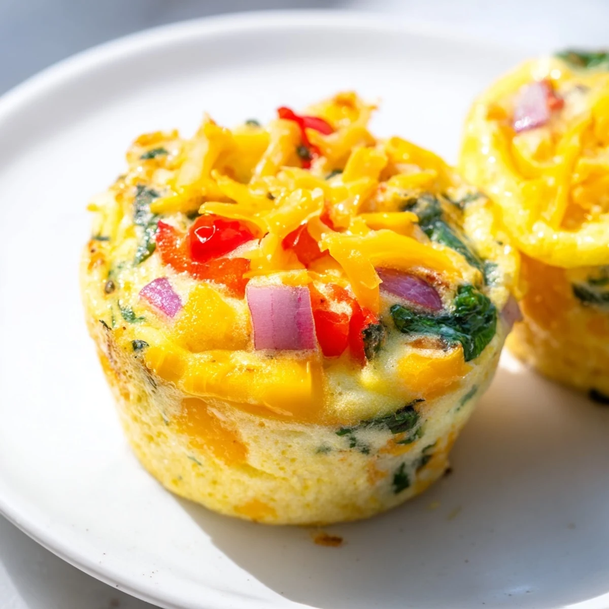 These savory Customizable Egg Muffins display vibrant vegetables and melted cheese, ready for a healthy start.