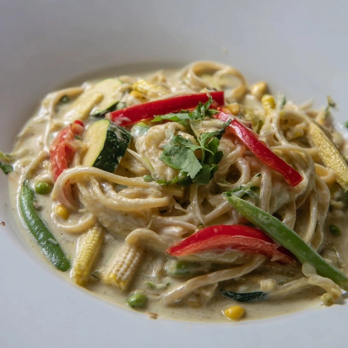 Creamy Thai Curry Pasta with colorful vegetables, offering a delicious and flavorful vegetarian meal.