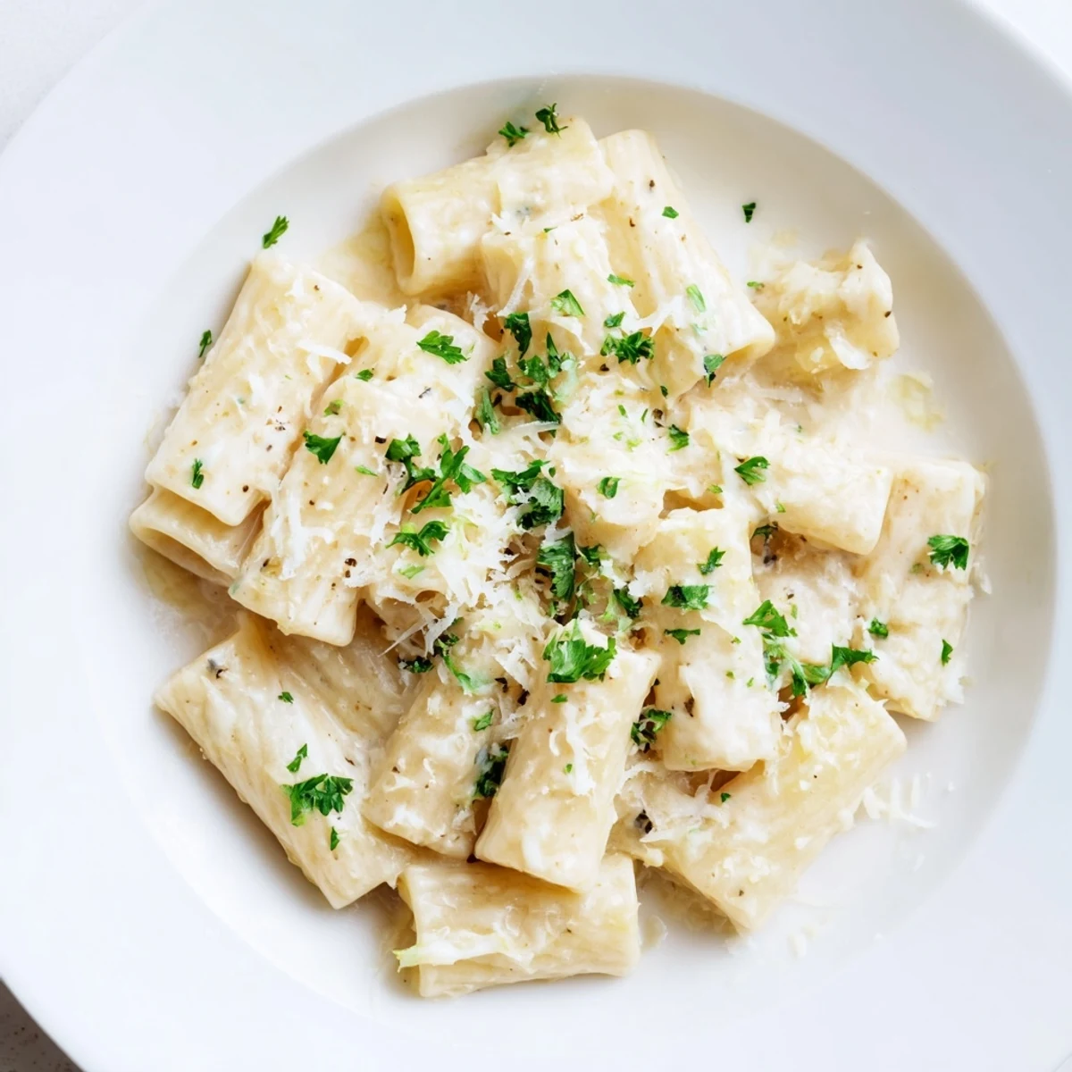 A close-up of creamy milk pasta; the silky sauce clings to the perfectly cooked pasta.