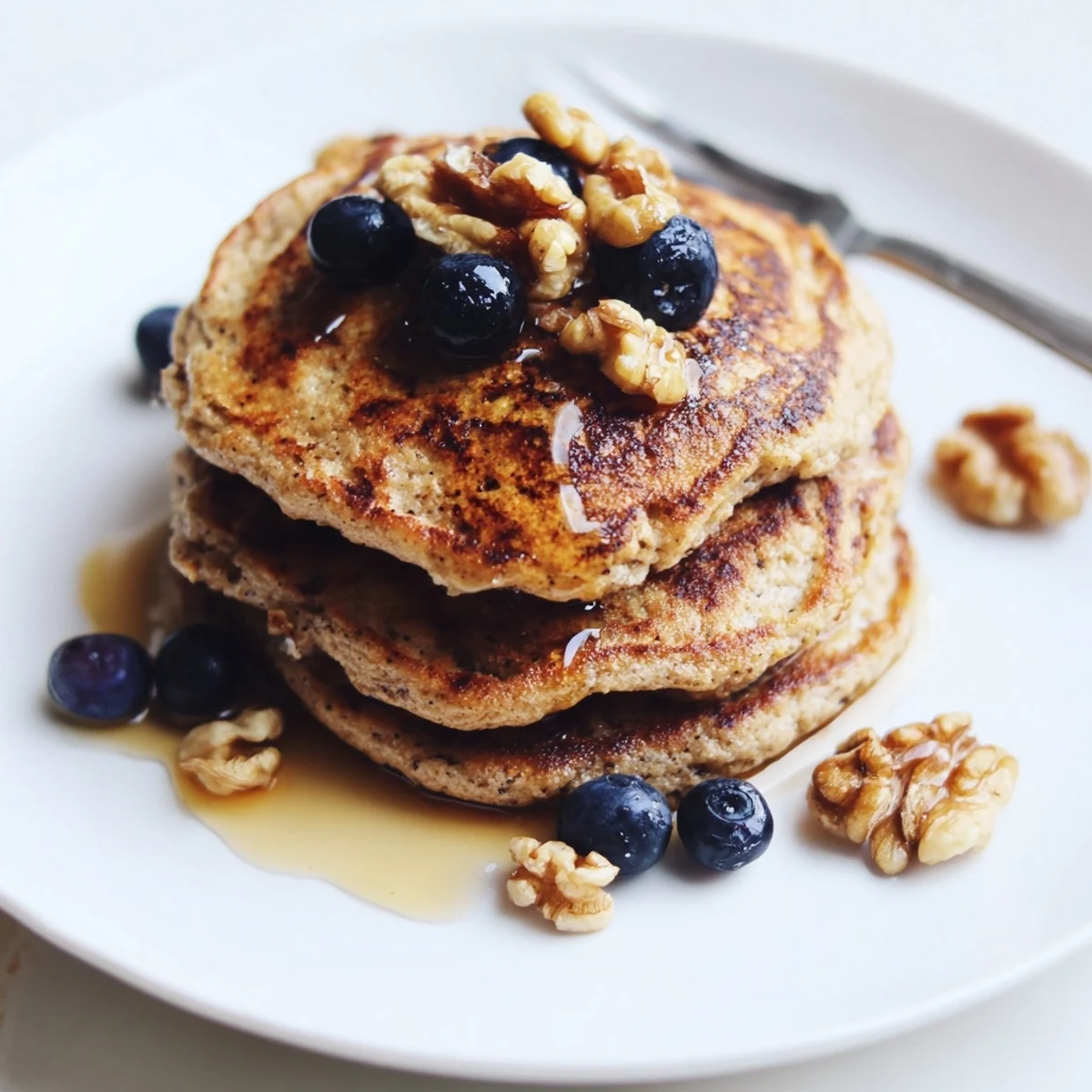 Golden-brown brown banana pancakes, stacked high, ready to be topped with fresh berries and syrup.