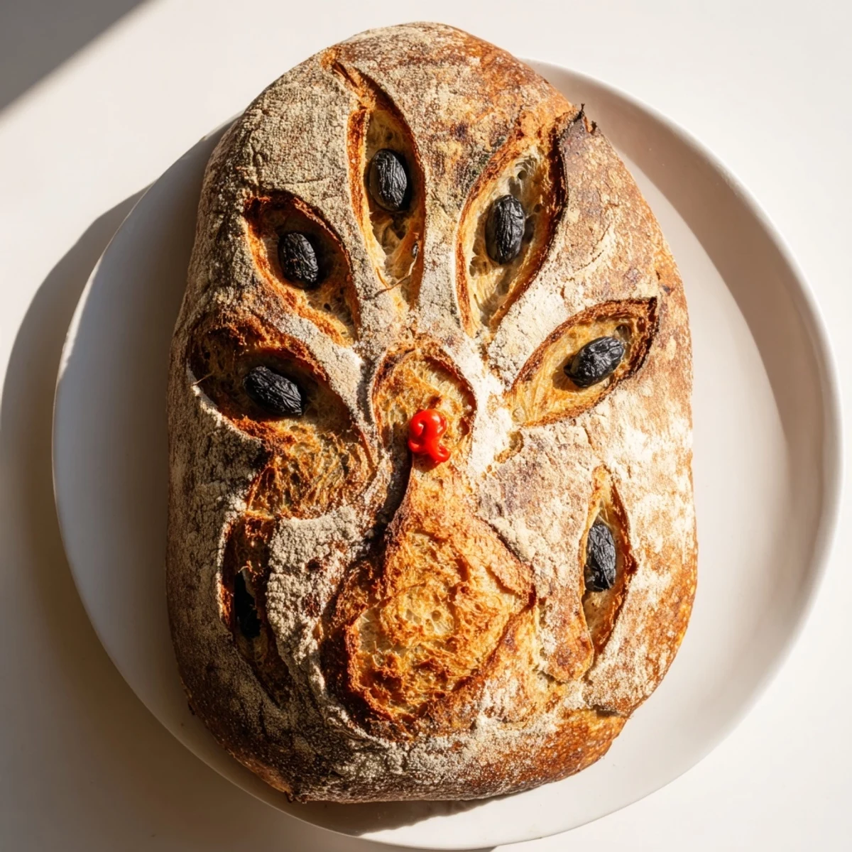 Crusty, golden brown turkey-shaped sourdough bread, a festive and delicious centerpiece for your holiday table.