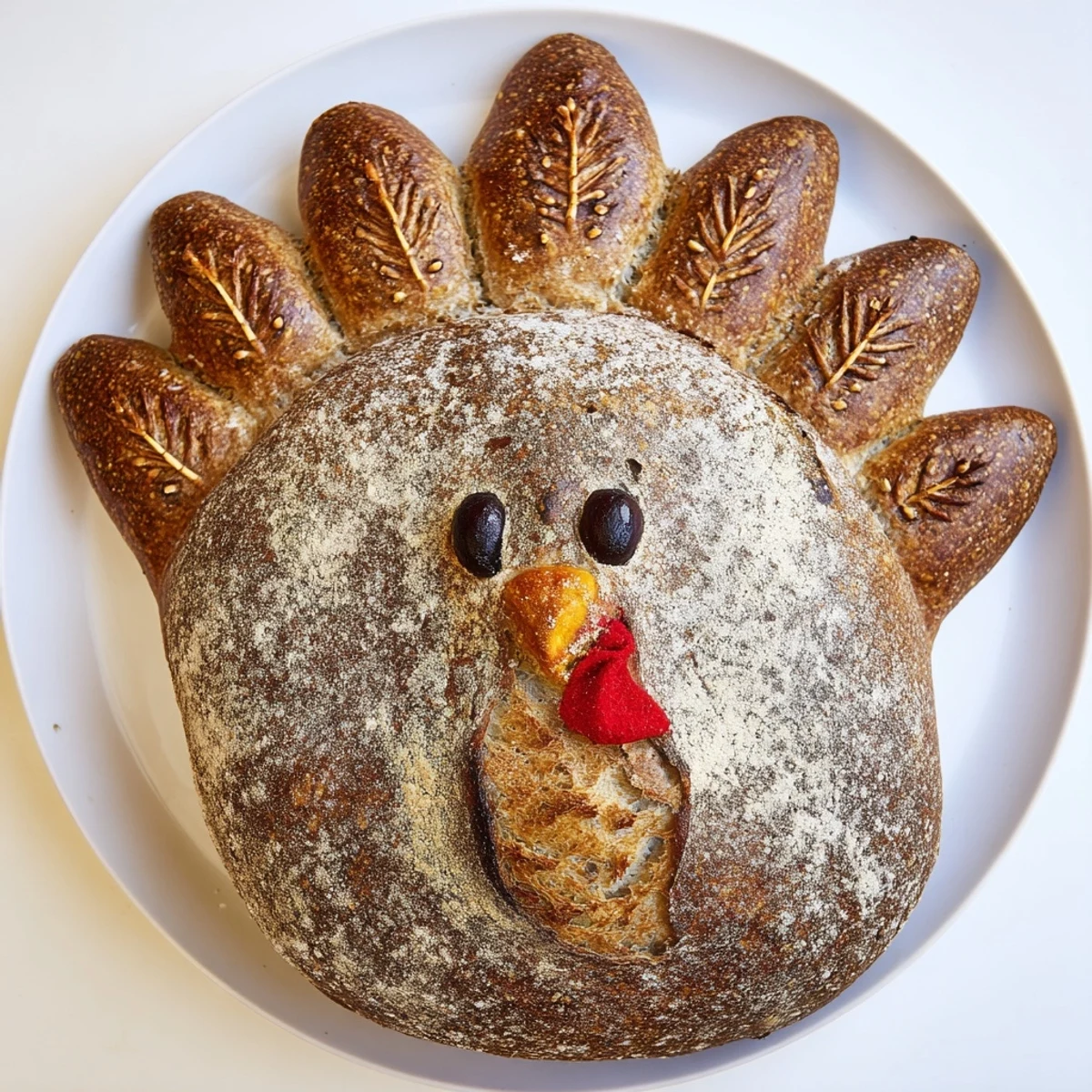 Warm, freshly baked turkey-shaped sourdough bread, detailed with peppercorn eyes and ready to serve at a gathering.