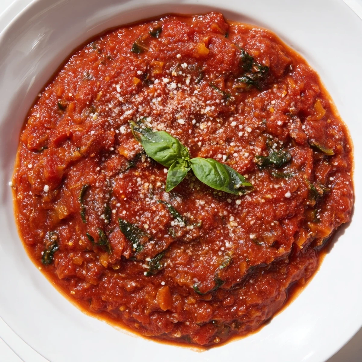 Steaming bowl of Hidden Veggie Tomato Pasta Sauce ready to be poured over pasta—a vibrant, garden-fresh meal.