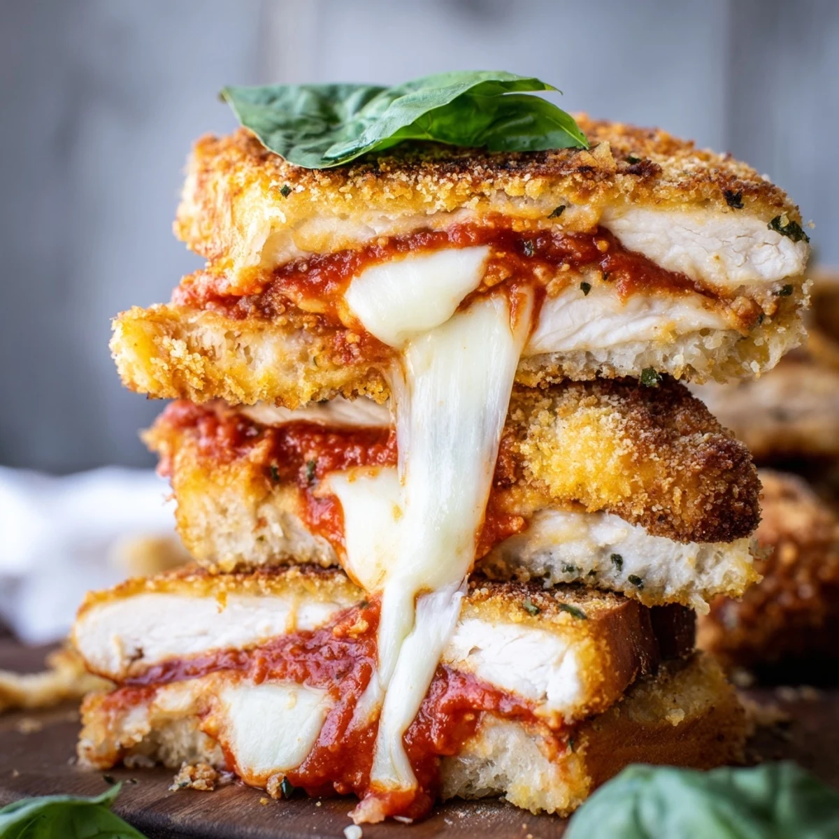 Crispy golden-breaded chicken and melted mozzarella spill out of this Chicken Parm Grilled Cheese, served warm.