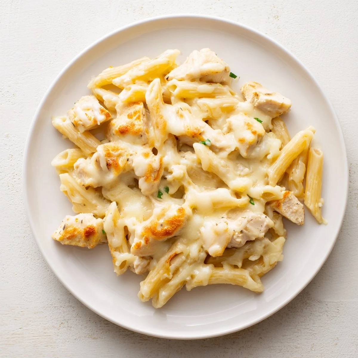 Golden-baked Chicken Ranch Pasta Bake in a dish, topped with bubbly mozzarella and fresh chives, served ready for dinner.