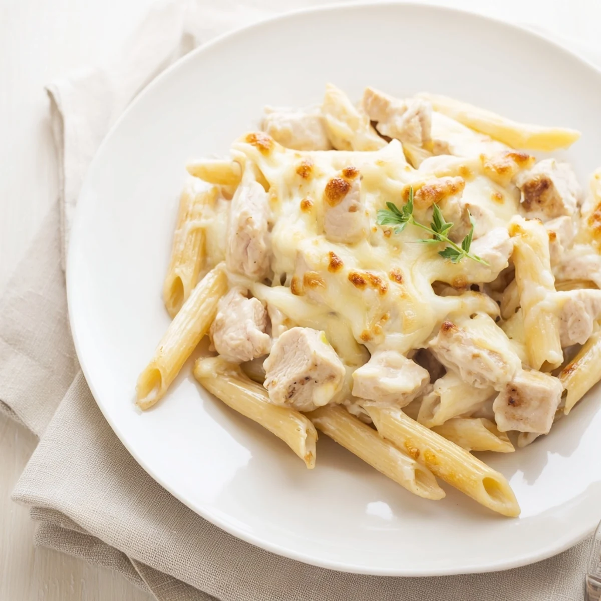 Steam rises from the cheesy Chicken Ranch Pasta Bake, revealing creamy ranch sauce and tender chicken pieces inside penne.