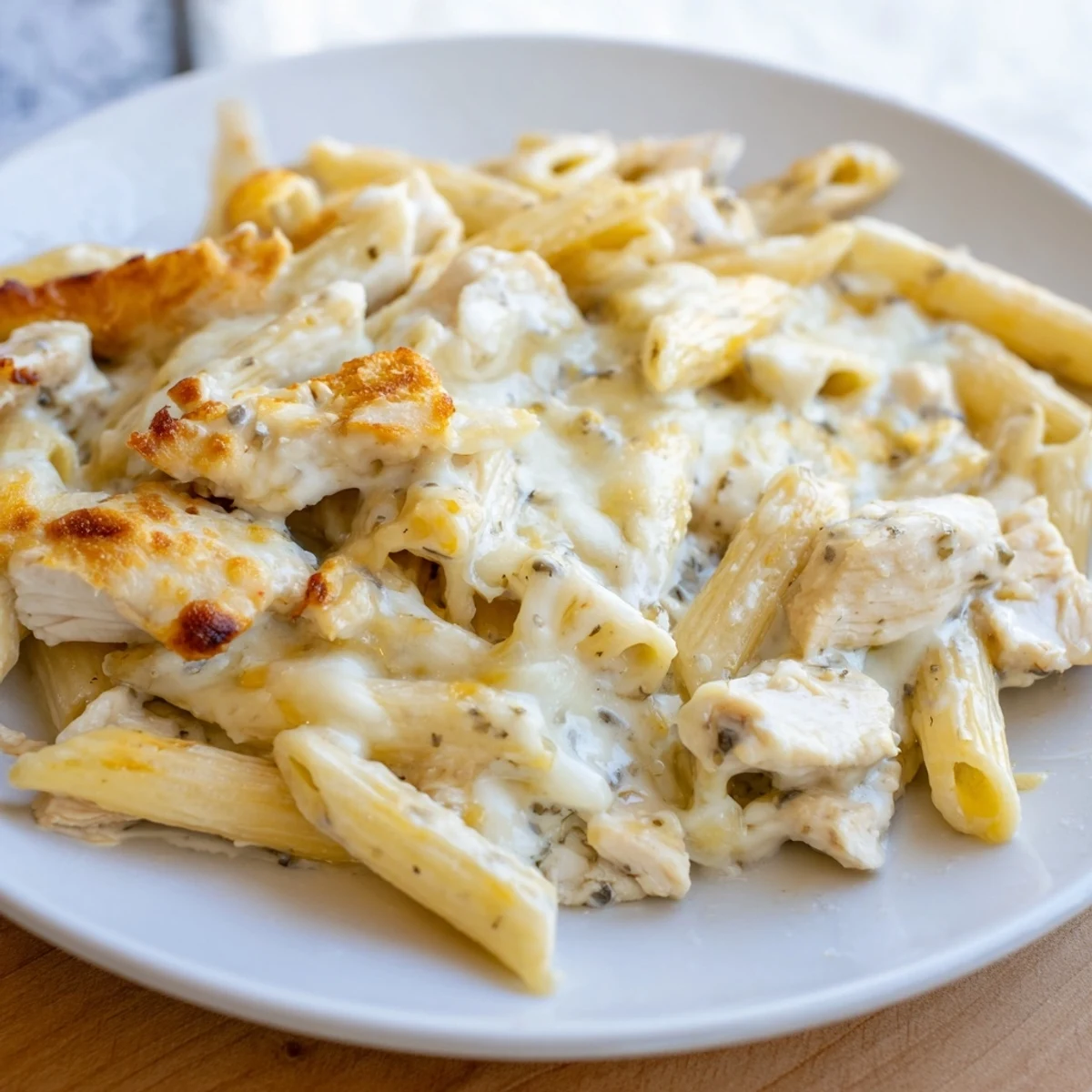 Freshly baked Chicken Ranch Pasta Bake served in a casserole dish, garnished with green onions and a golden cheese crust.