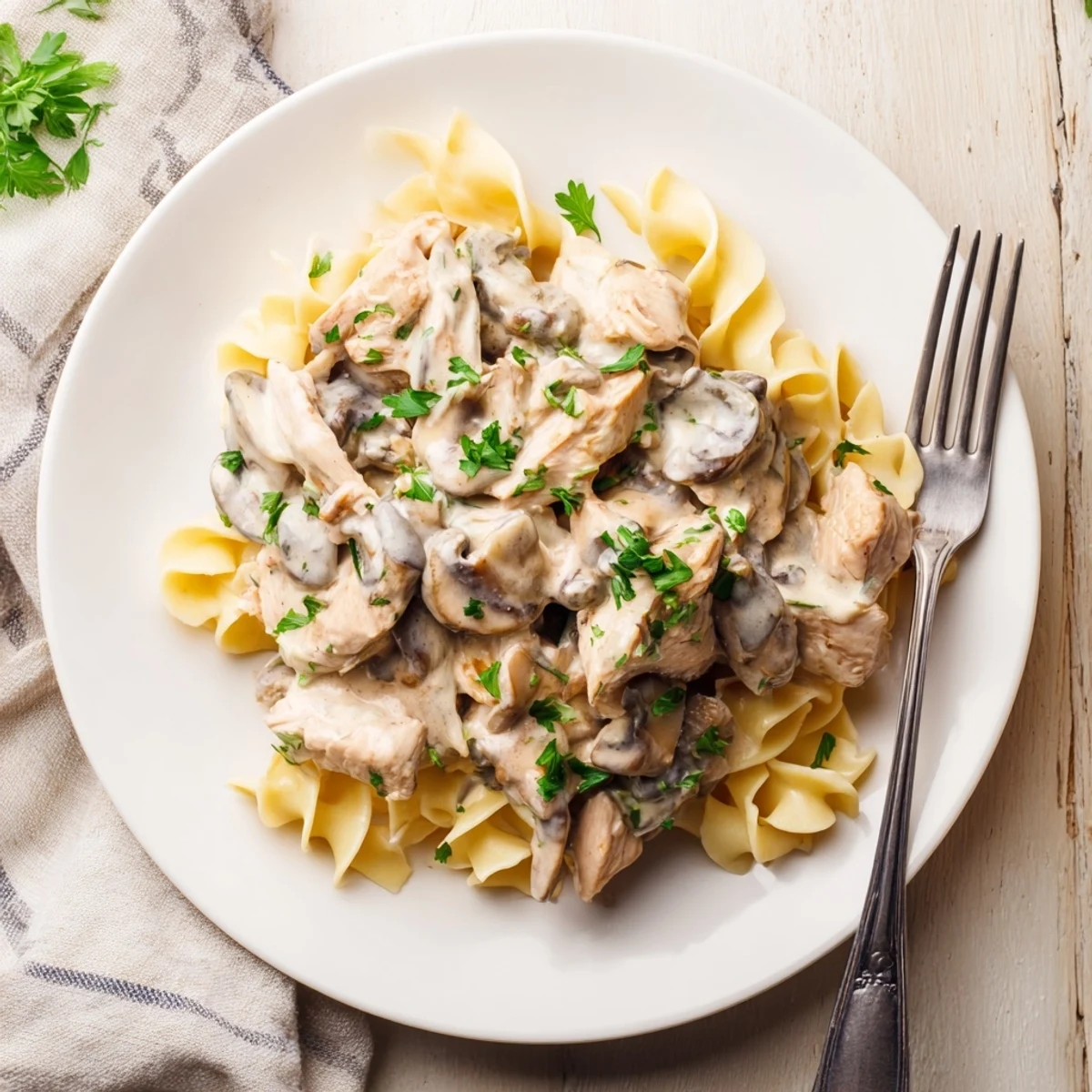 Golden, tender chicken strips and earthy brown mushrooms swim in a velvety cream sauce, ladled over buttery egg noodles for a comforting dinner.