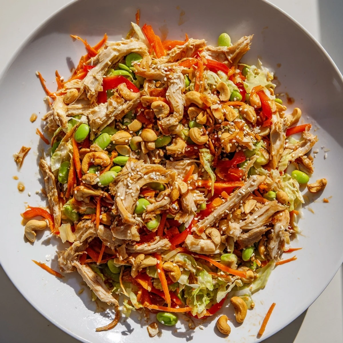 A vibrant bowl of Edamame Crunch Chicken Salad with colorful shredded cabbage, carrots, and edamame tossed in a zesty ginger dressing.  