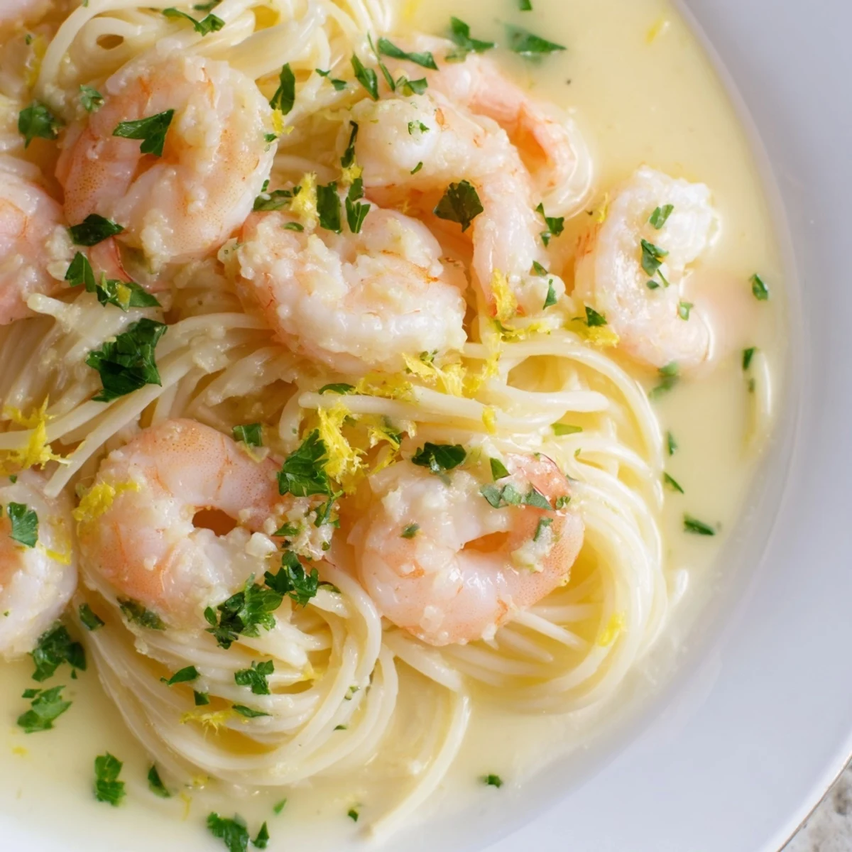 Tender shrimp sautéed in a zesty lemon garlic butter sauce, tossed with angel hair pasta and fresh parsley.  