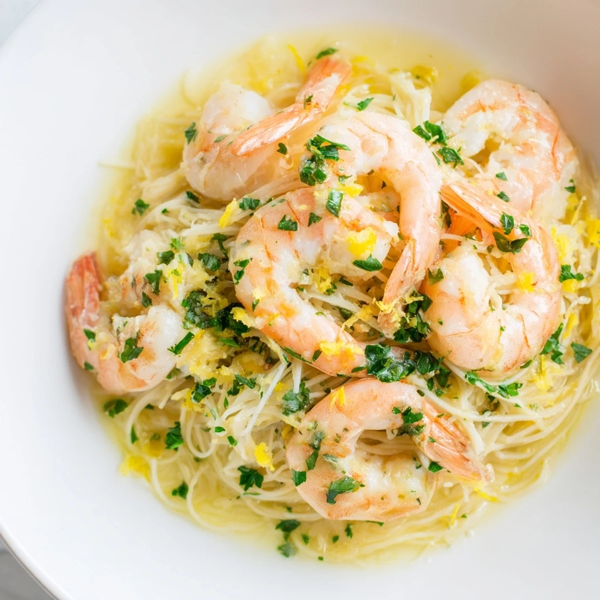 Perfectly cooked pasta coated in a light, vibrant sauce with juicy shrimp and a bright citrus aroma.  