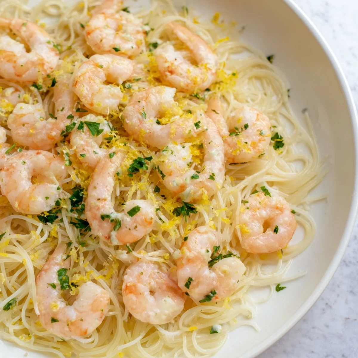 Succulent lemon butter shrimp pasta served hot, garnished with fresh parsley and lemon wedges for a fresh finish.