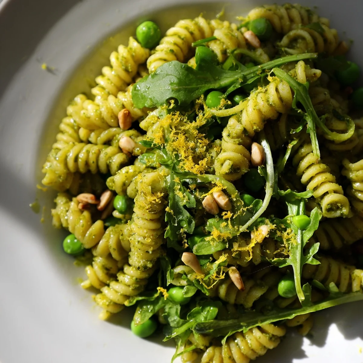 Cold Spring Green Pesto Pasta Salad in a white bowl, tossed with bright green peas and peppery arugula.