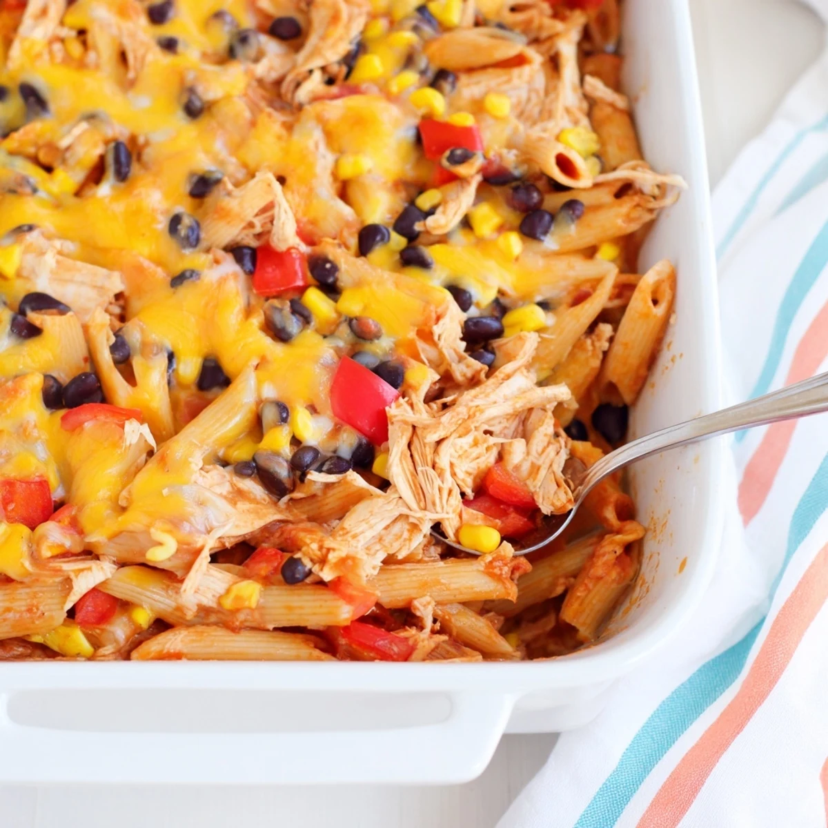 A close-up of the Chicken Burrito Pasta Bake, featuring golden melted cheddar and Monterey Jack cheese over a rich, saucy mixture of pasta, chicken, black beans, and corn.