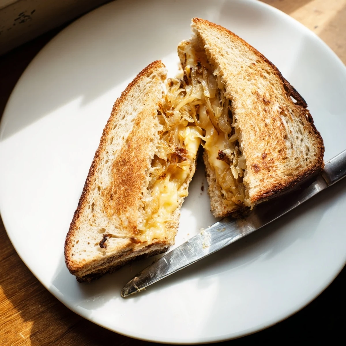 Two halves of a rustic Caramelized Onion & Gruyère Grilled Cheese show melted Gruyère and sweet onions on toasted bread.