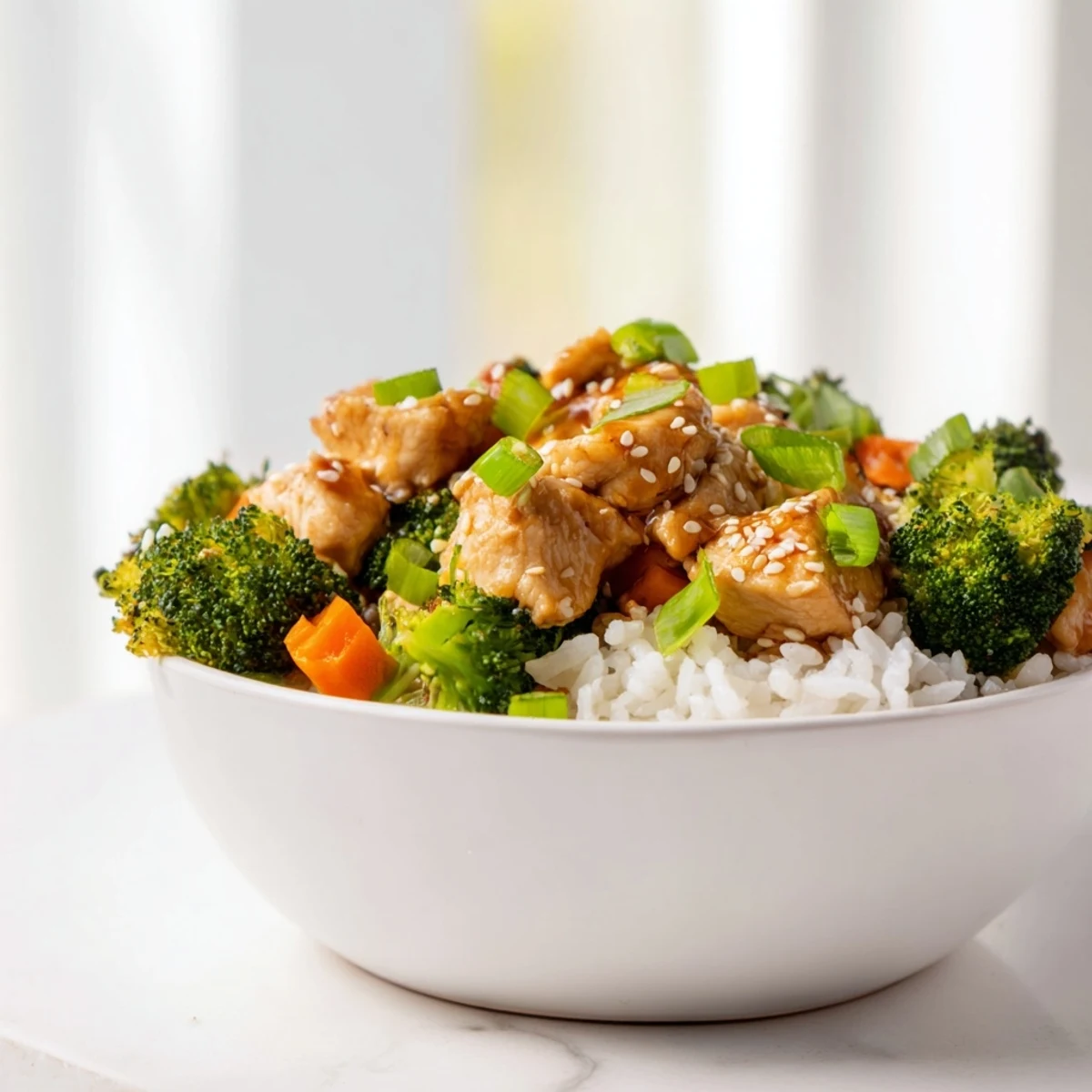A serving of One Pan Honey Garlic Chicken Broccoli Rice features tender chicken pieces, fluffy grains, and bright green broccoli florets on a plate.