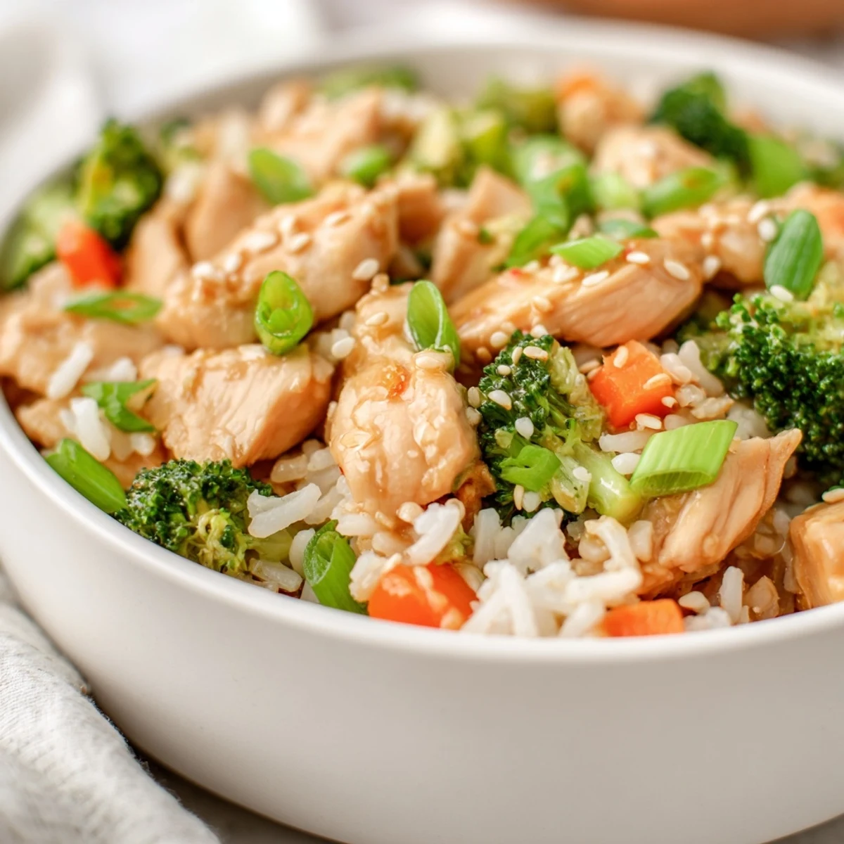 Garnished with sesame seeds and green onions, One Pan Honey Garlic Chicken Broccoli Rice offers a savory and sweet aroma.