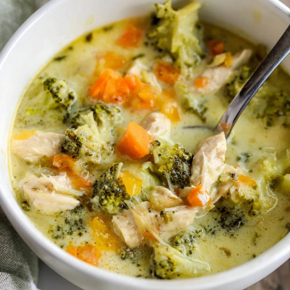 Served hot with crusty bread, this comforting Chicken Broccoli Cheddar soup is garnished with extra sharp cheddar.