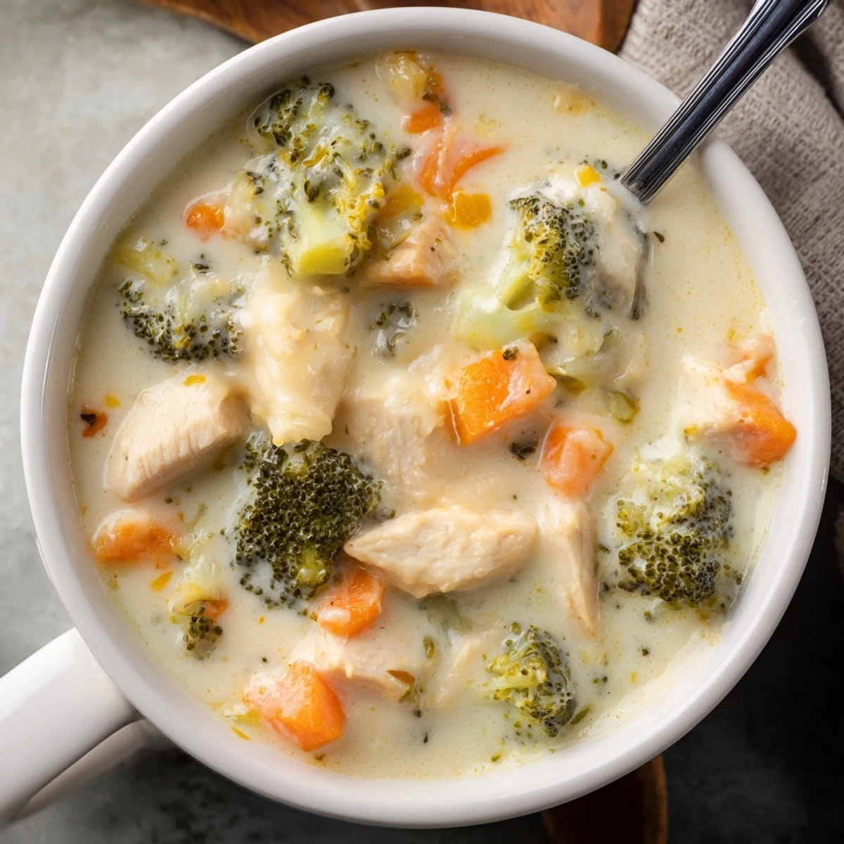 A ladle of hearty Chicken Broccoli Cheddar Soup pours smoothly, revealing cooked chicken and fresh broccoli florets.