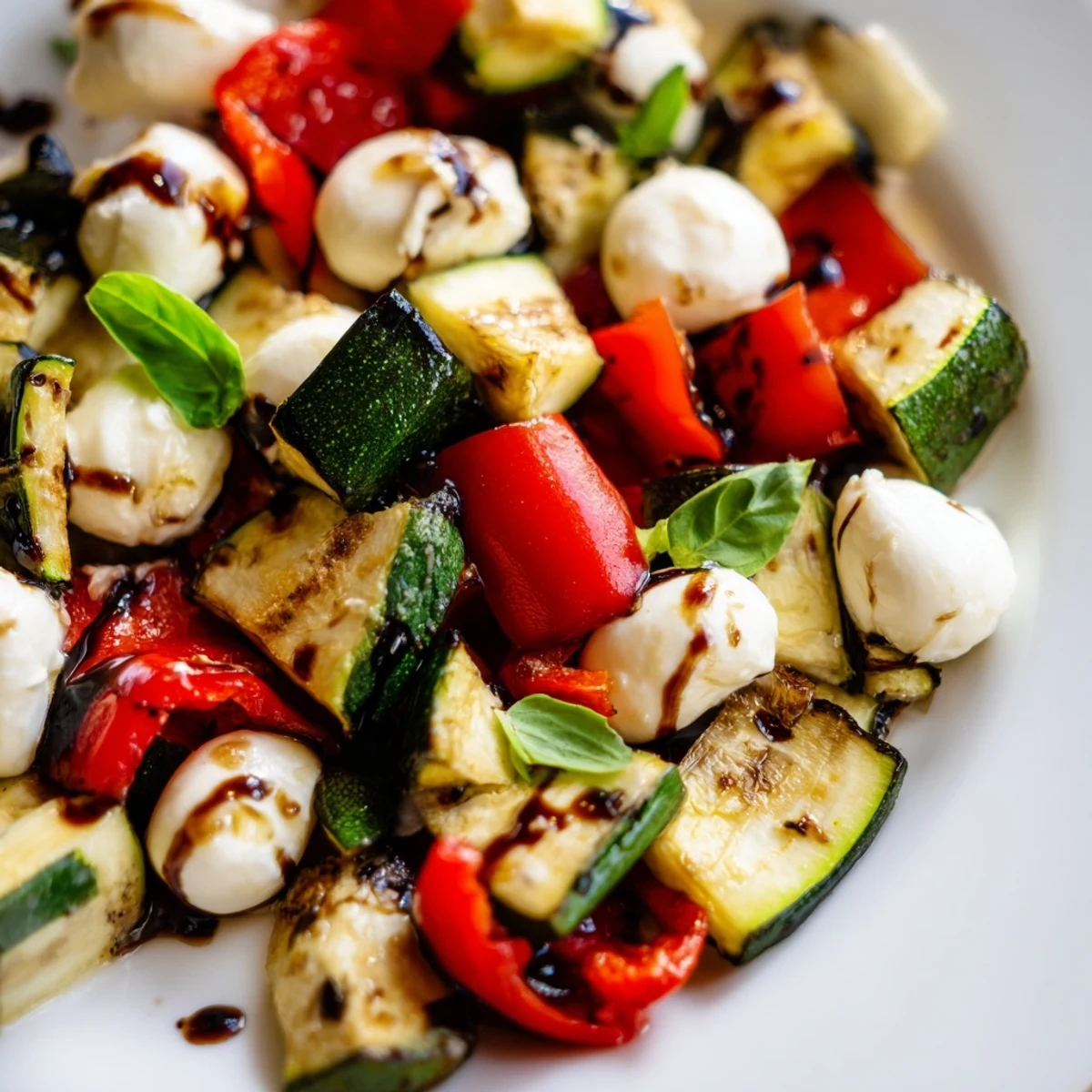 Golden roasted zucchini, bell peppers, and red onions mingle with creamy mozzarella pearls in this vibrant Roasted Veggie Caprese Salad, glistening with balsamic glaze.  
