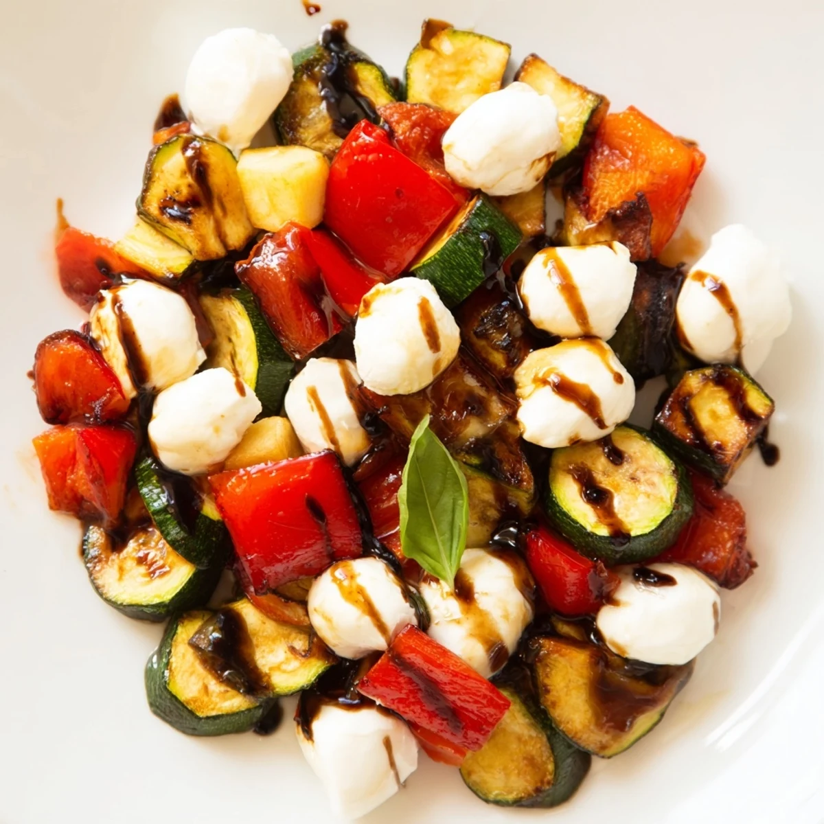 Close-up view of Roasted Veggie Caprese Salad with tender roasted vegetables, mozzarella pearls, and a sweet-tangy balsamic drizzle on a rustic serving platter.