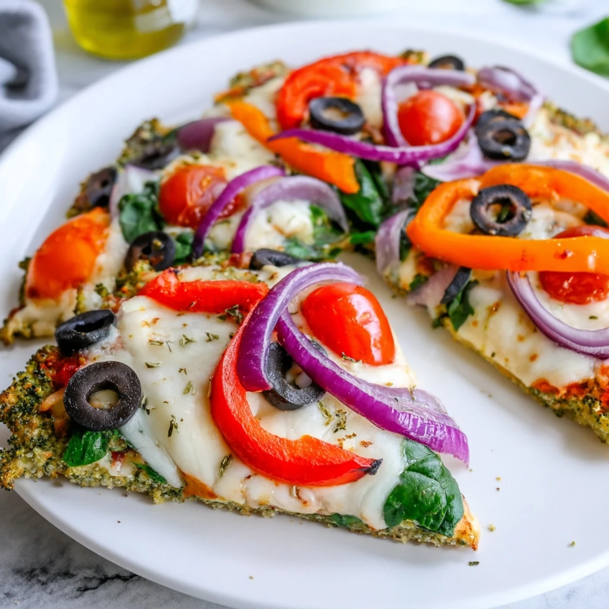 Slices of low-carb Broccoli Chicken Crust Pizza on a wooden board, featuring vibrant red bell peppers and black olives with Italian herbs.