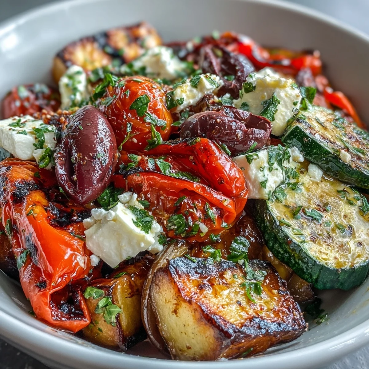 Warm Roasted Greek Salad with vibrant colors, tender vegetables, and creamy feta.