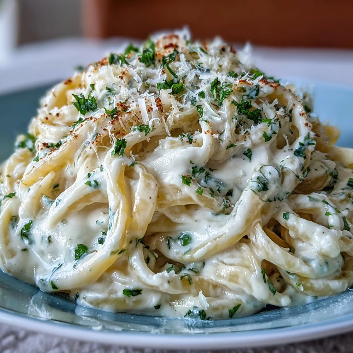 Delicious easy creamy cauliflower alfredo, glistening with Parmesan and ready to serve.