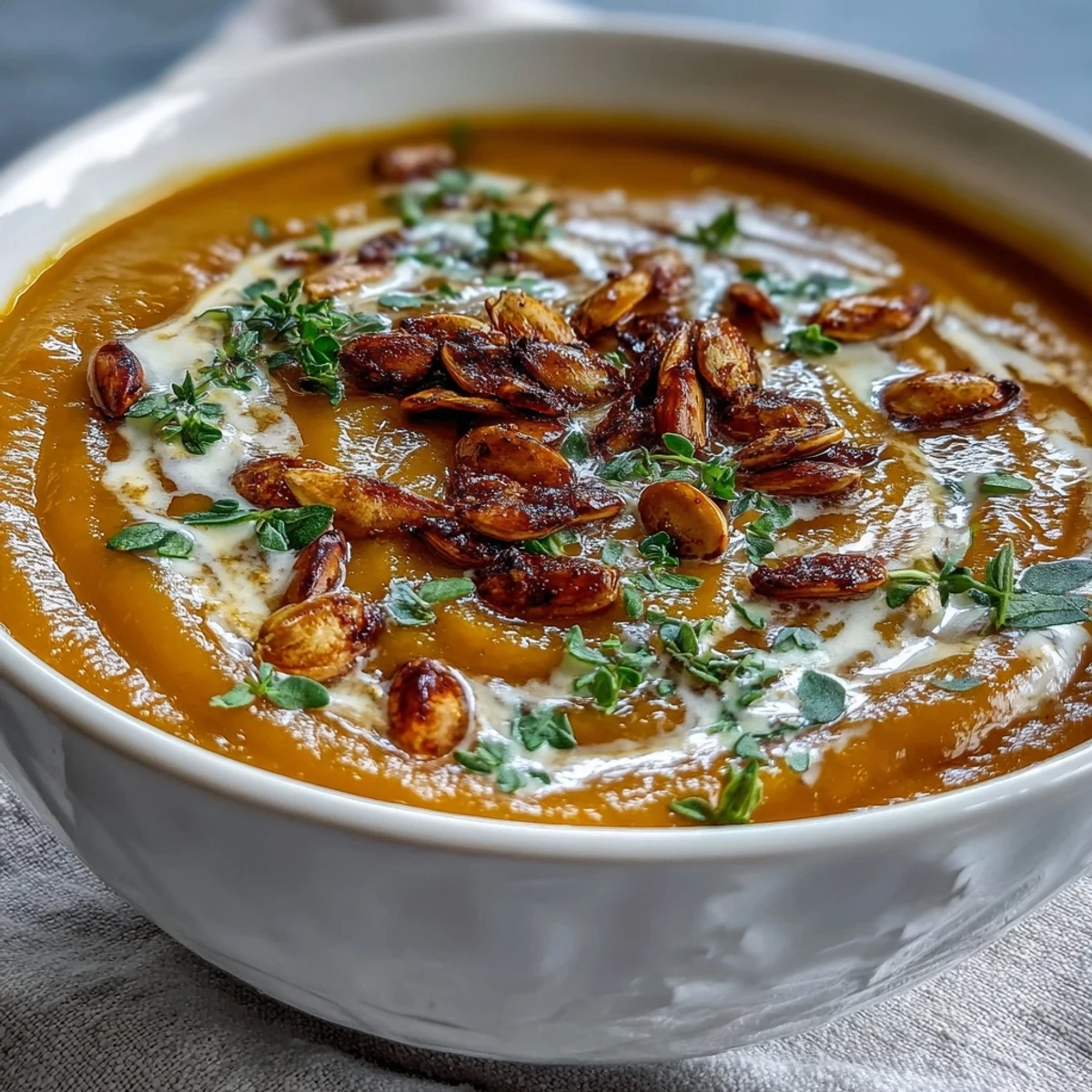 Velvety, roasted butternut squash soup garnished with toasted pumpkin seeds and fresh thyme, served warm.