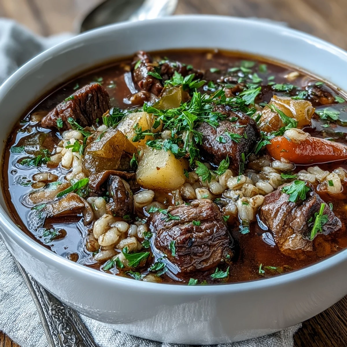 Tender beef chunks and chewy pearl barley swim in a rich, savory broth with diced carrots in this classic Beef and Barley Soup.