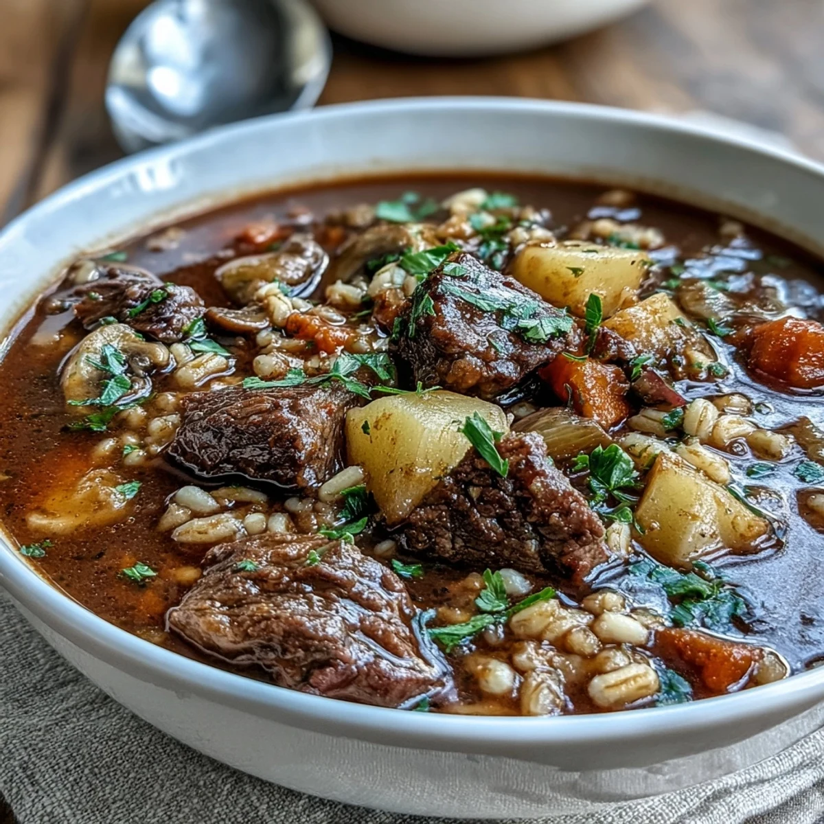 Photo of steaming homemade Beef and Barley Soup served in a rustic bowl beside crusty bread on a cozy wooden table.