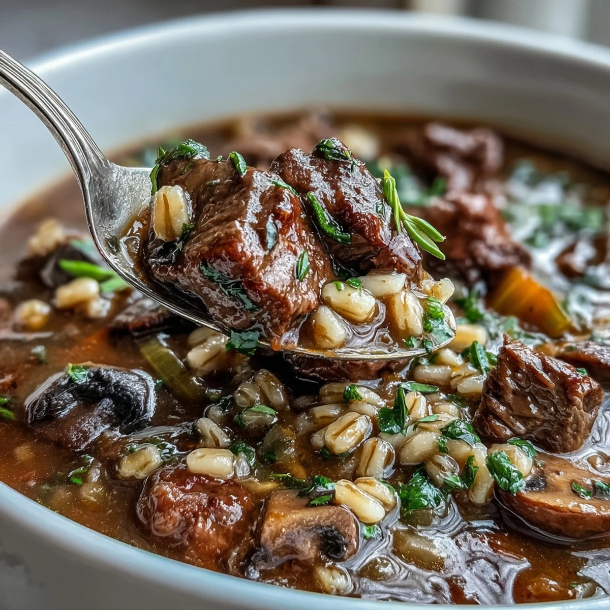 Steaming beef and barley soup with mushrooms ladled into a rustic bowl, topped with fresh parsley. 