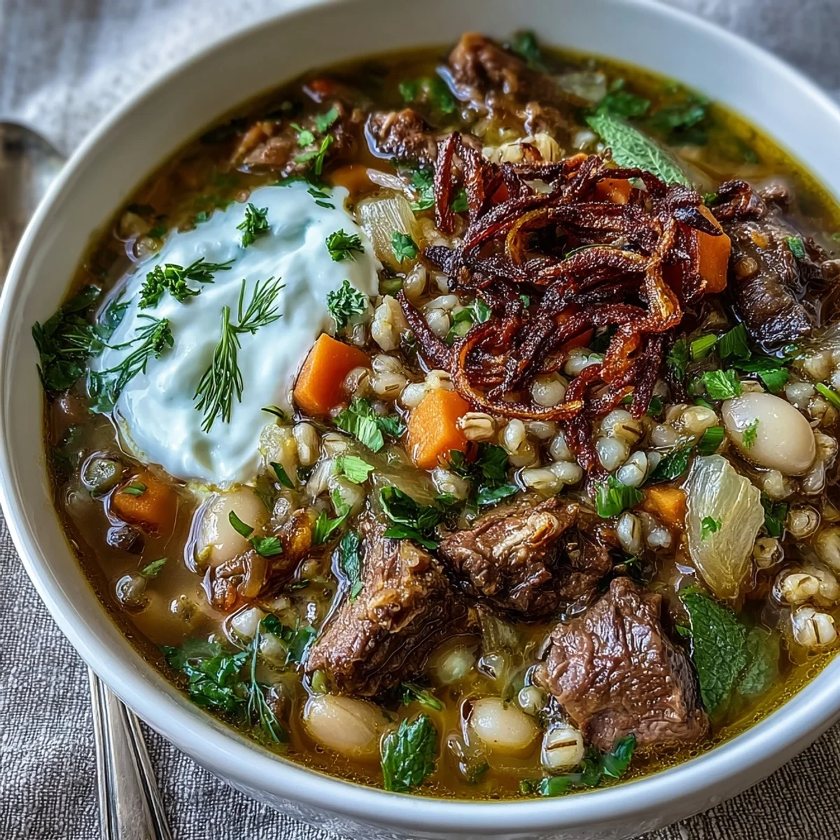 Steaming bowls of Beef Barley Soup topped with mint-fried onions and a swirl of sour cream.