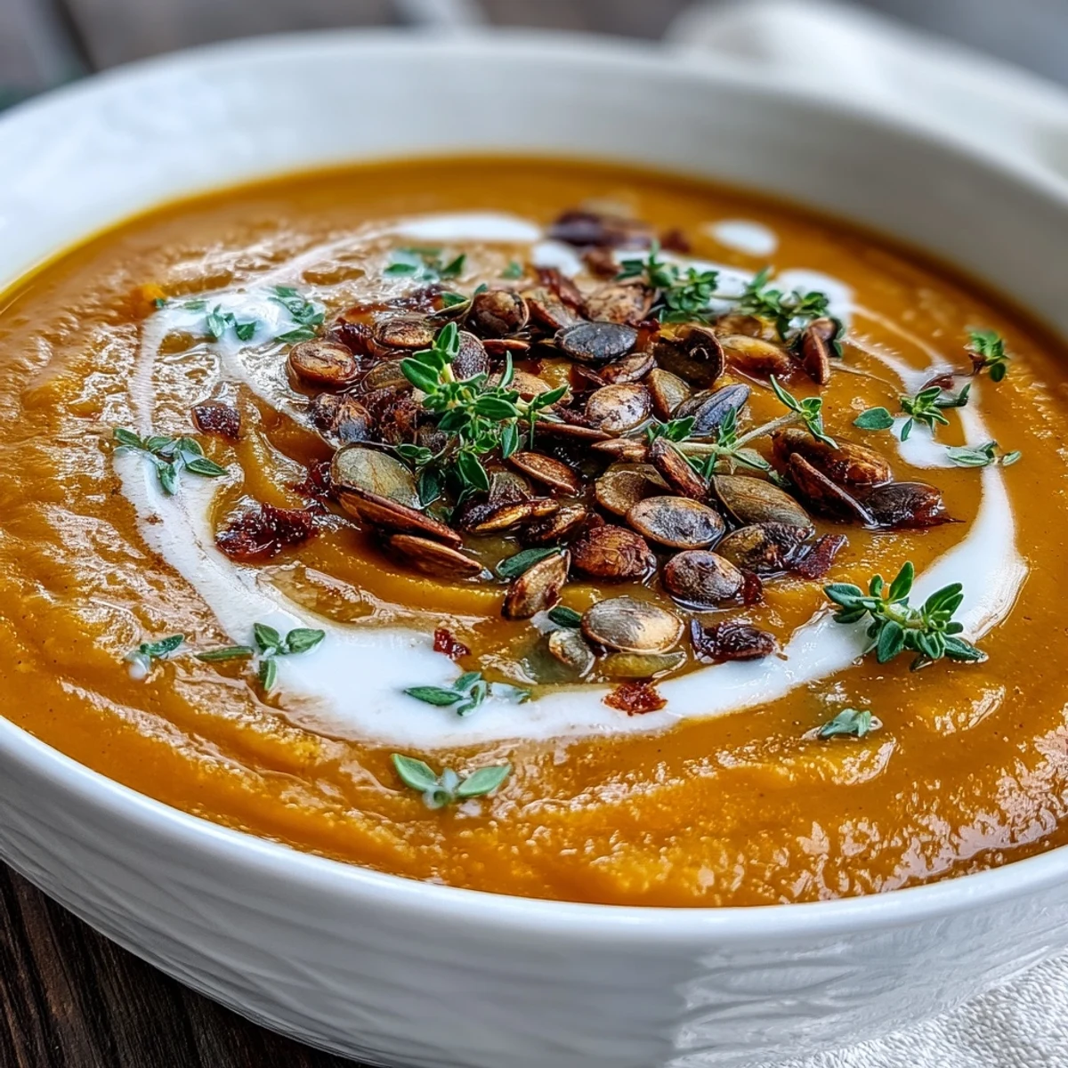 Velvety smooth Roasted Butternut Squash Soup served with a drizzle of heavy cream and crusty bread.