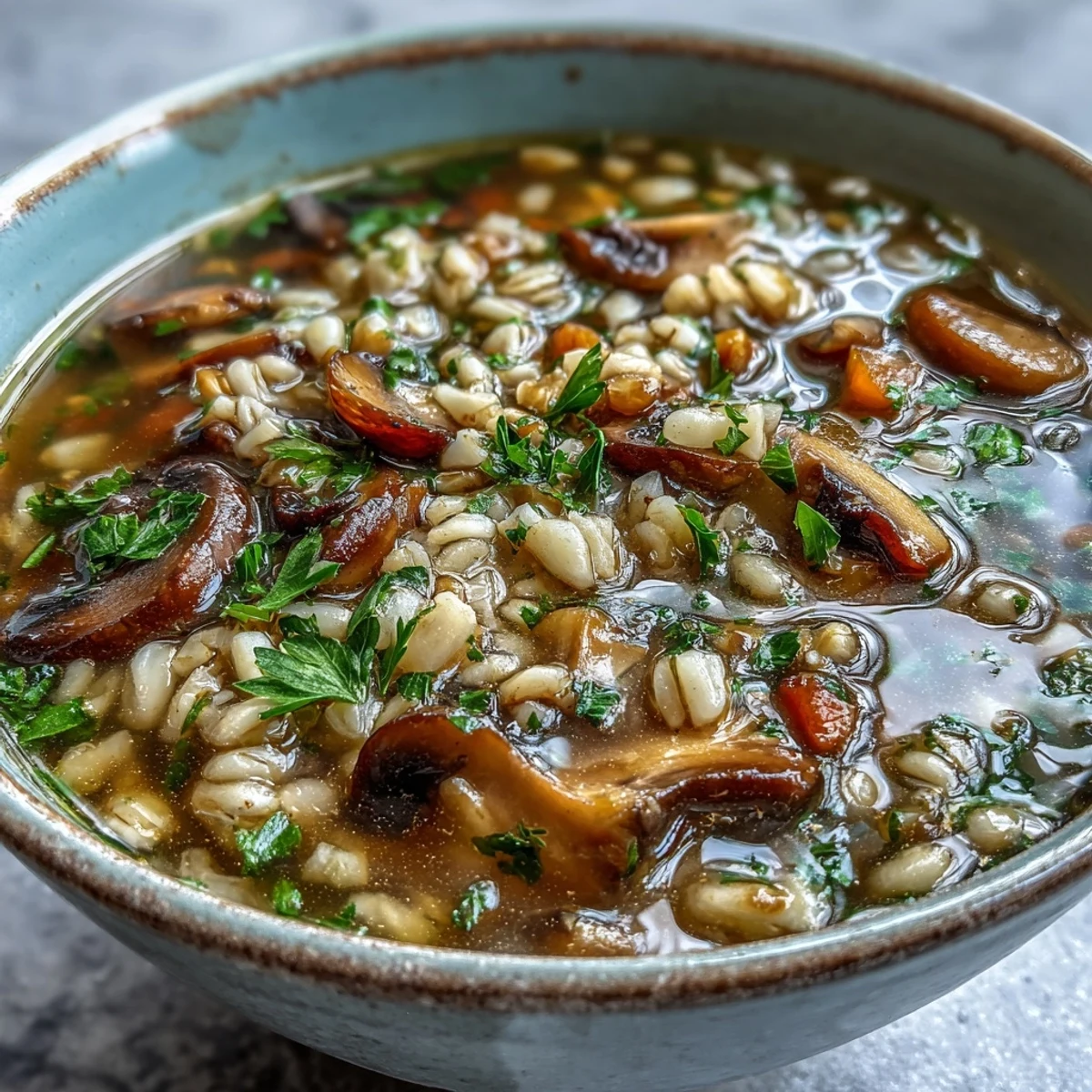 Steaming bowl of Mushroom Barley Soup topped with fresh parsley, ready to serve.