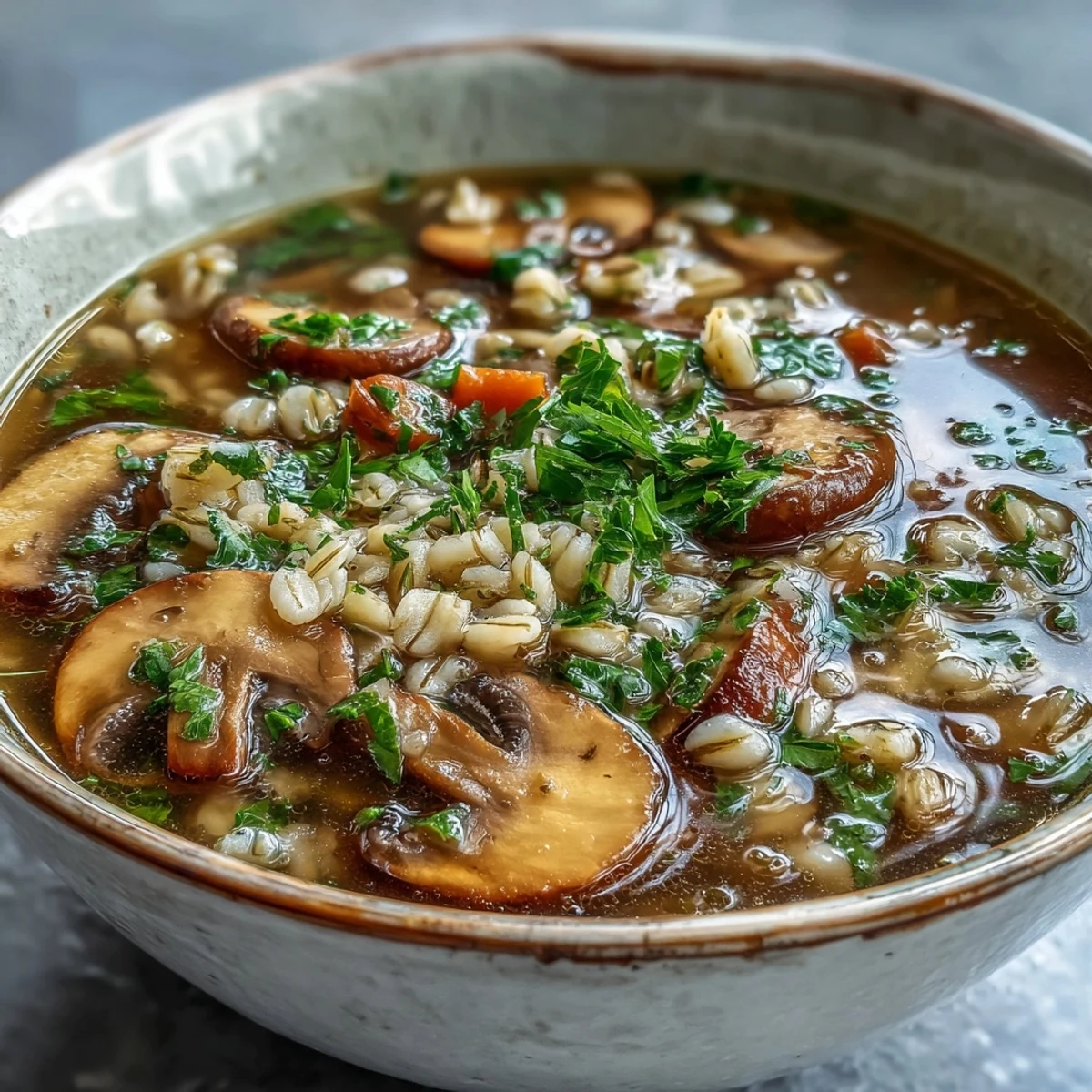 Homemade Mushroom Barley Soup garnished with parsley alongside crusty rye bread.