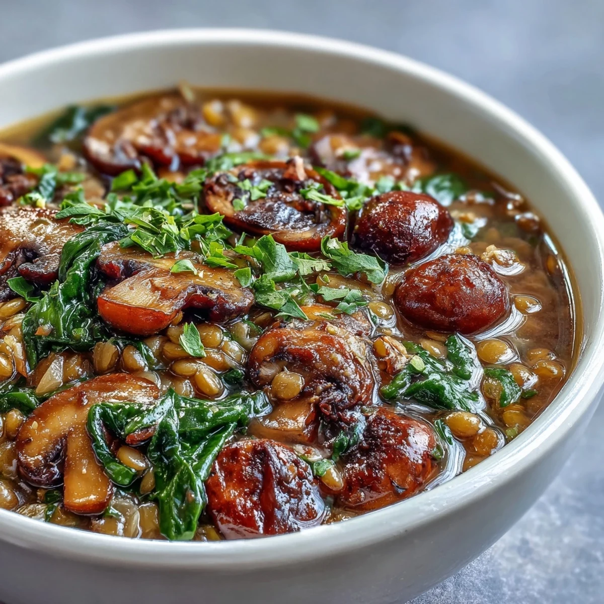 Steaming Double Lentil and Mushroom Barley Soup in a rustic pot, featuring hearty red lentils and fresh collard greens.