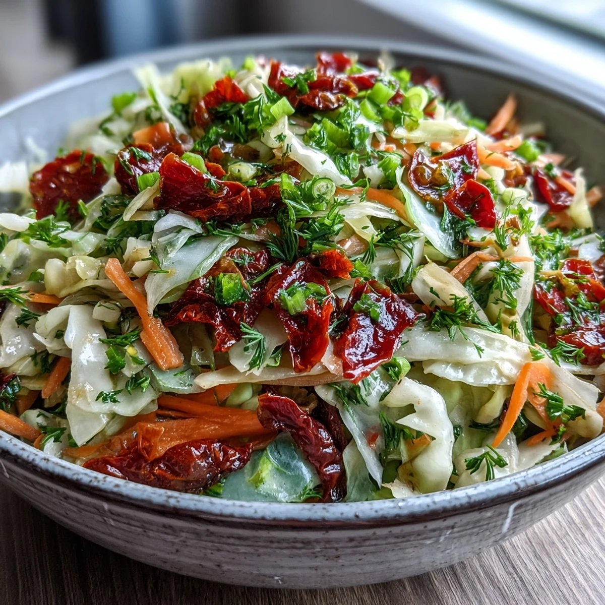 A close-up of Cabbage Salad With Sundried Tomatoes, showing a colorful mix of shredded red and green cabbage tossed with chopped sun-dried tomatoes and fresh herbs. The bright purple and green hues contrast with the deep red tomatoes, all lightly coated in a glossy herby dressing, served in a white ceramic bowl for a fresh, vibrant look.