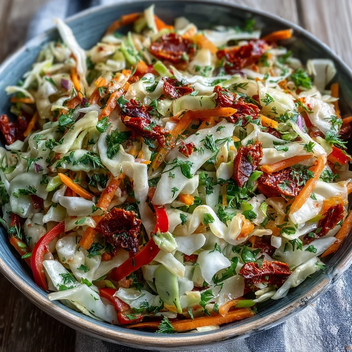 Overhead shot of Cabbage Salad With Sundried Tomatoes, featuring a medley of crisp cabbage, julienned carrots, and red bell pepper ribbons, studded with chewy sun-dried tomatoes and flecks of green parsley and dill. The salad fills a rustic bowl, with a fork resting nearby, ready for a refreshing lunch or light side dish.