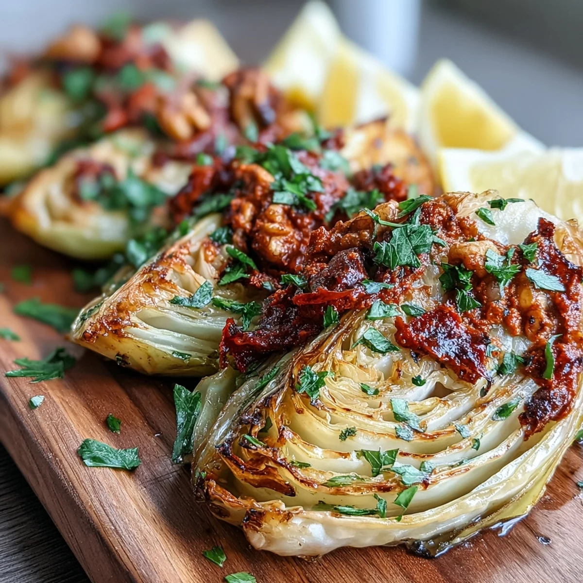 Golden roasted cabbage wedges on a platter, drizzled with rich, nutty Winter Romesco sauce and garnished with fresh parsley and lemon.