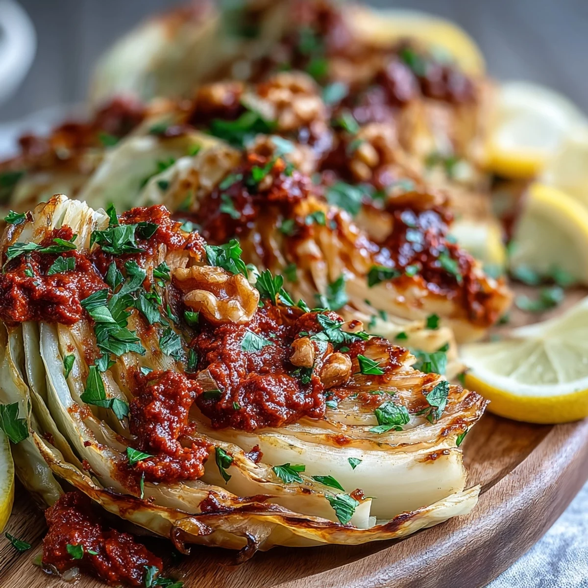 Caramelized cabbage wedges served warm, topped with a generous spoonful of homemade Winter Romesco sauce and a sprinkle of toasted walnuts.