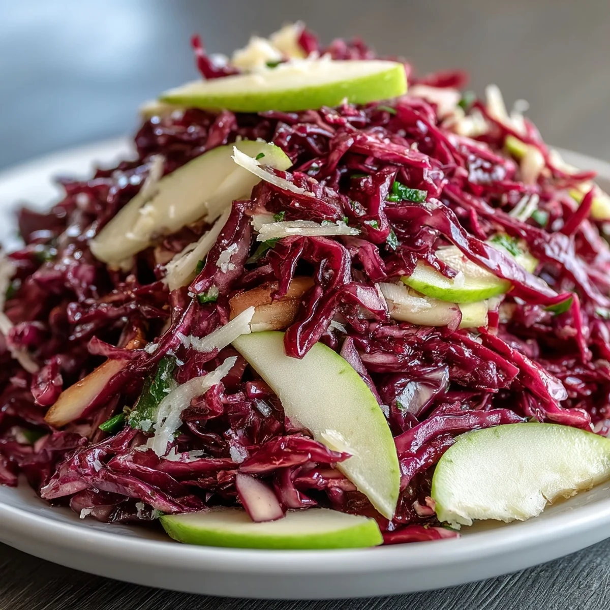 Crunchy Red Cabbage Coleslaw With Apple and Parmesan featuring crisp apple slices and salty cheese shavings, topped with fresh parsley on a rustic table.