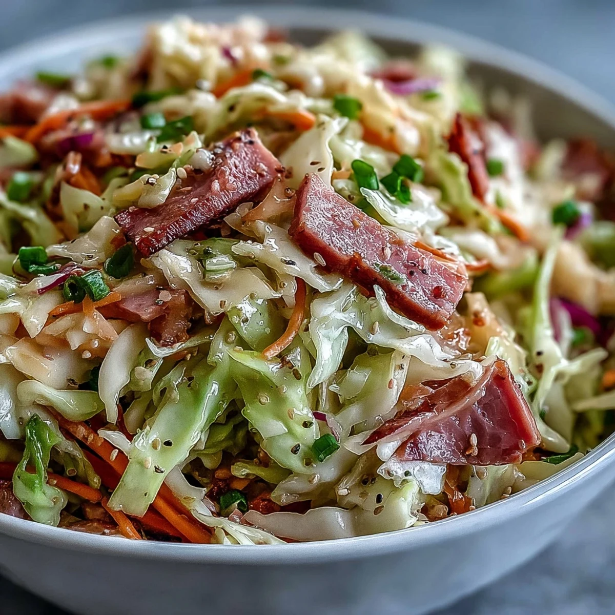 Freshly shredded green and red cabbage mixed with smoked ham, coated in a tangy apple cider vinegar dressing in a white bowl.