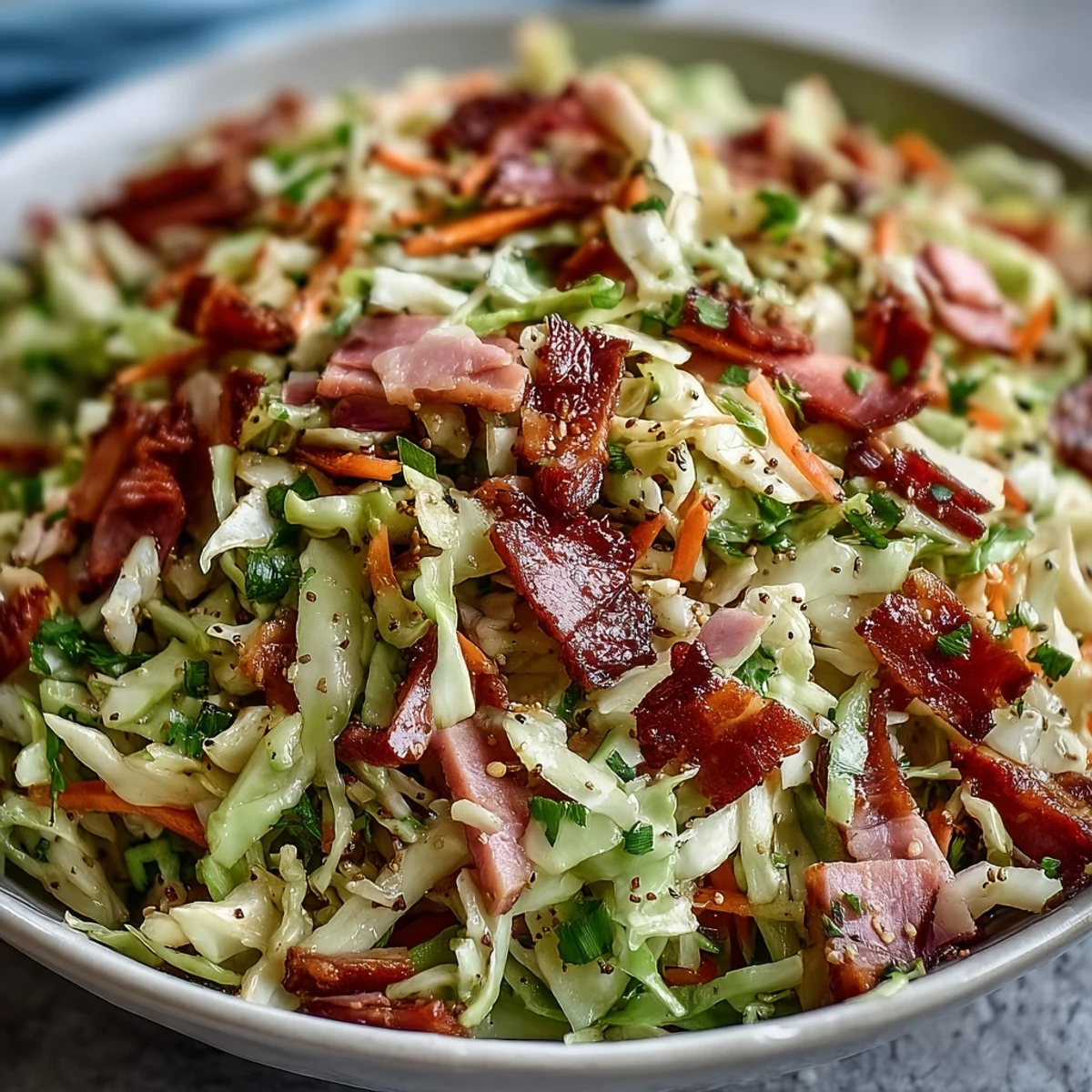 A close-up view of the German cabbage coleslaw with shredded ham, highlighting fresh parsley garnish and Dijon mustard dressing.