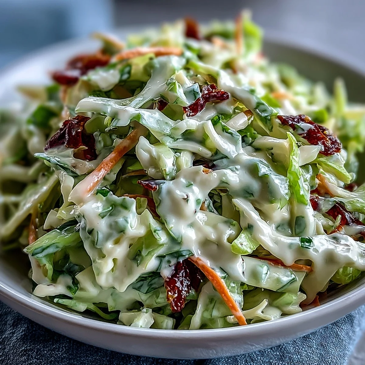 Freshly tossed Coleslaw With Creamy Dressing featuring crisp green and red cabbage, julienned carrots, and tangy apple cider vinegar, served in a white bowl as a refreshing side dish.