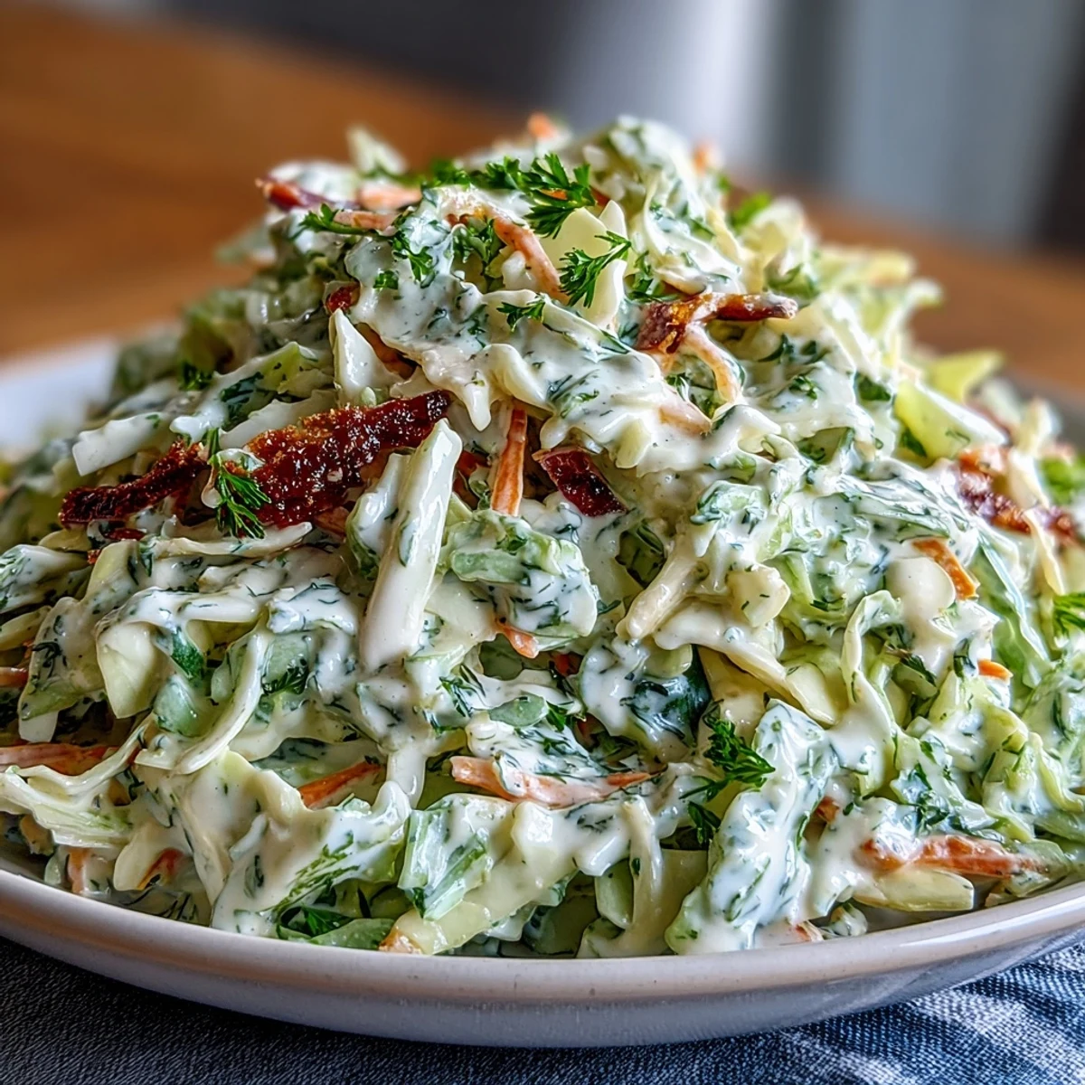 A close-up of Coleslaw With Creamy Dressing highlighting crunchy cabbage and carrots coated in rich, velvety mayonnaise and sour cream sauce, perfect for backyard barbecue plates.