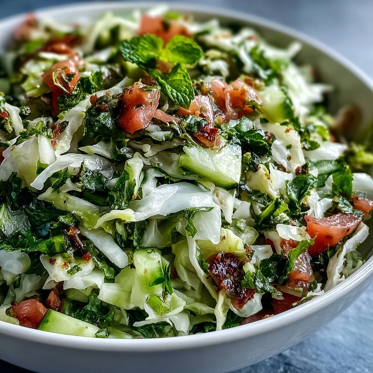 Bright green shredded cabbage mixed with diced tomato and cucumber in a white bowl, topped with fresh parsley and mint for this Lebanese Cabbage Salad.